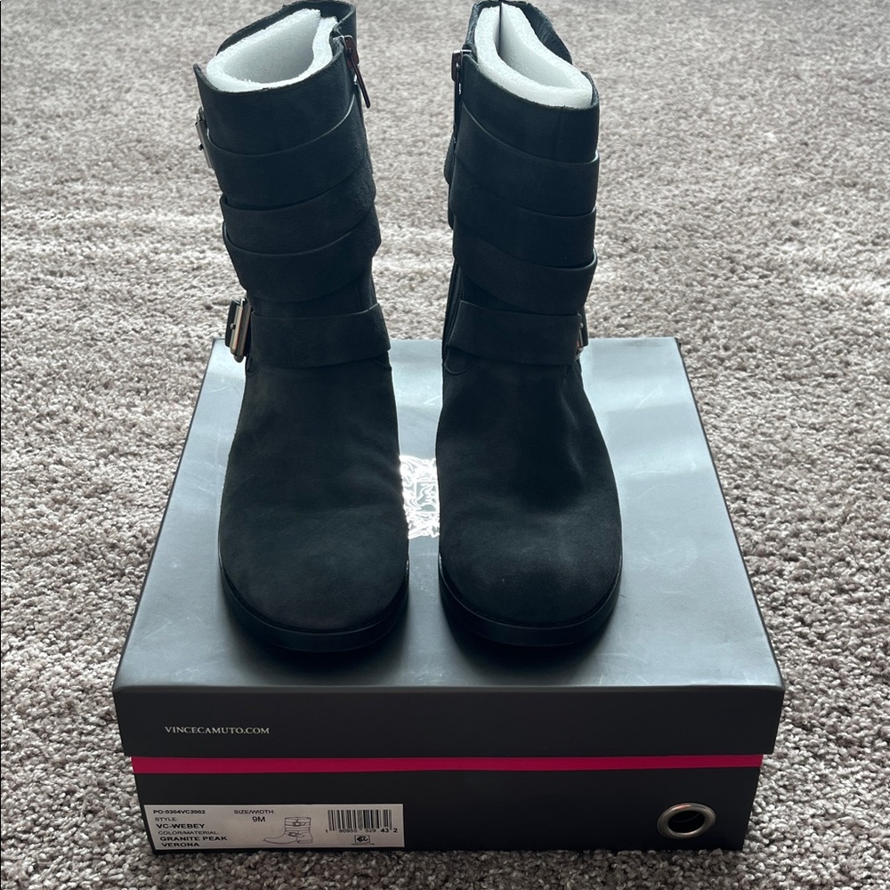 Vince Camuto Gray Heeled Boots with Buckle Detail